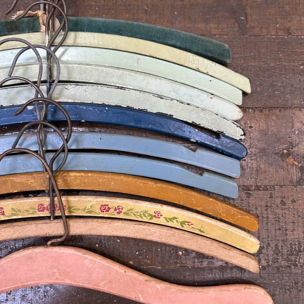Vintage Painted Wooden Hangers Lot 12 Cottagecore Floral Velvet Shabby Chic